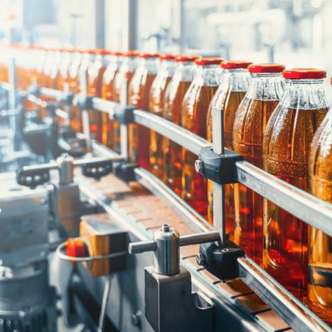 A conveyor belt in a beverage manufacturing facility with glass bottles containing juice. Custom filtration improved quality.