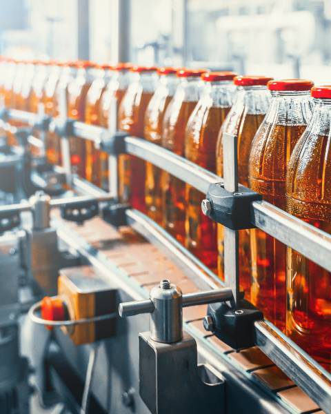 A conveyor belt in a beverage manufacturing facility with glass bottles containing juice. Custom filtration improved quality.