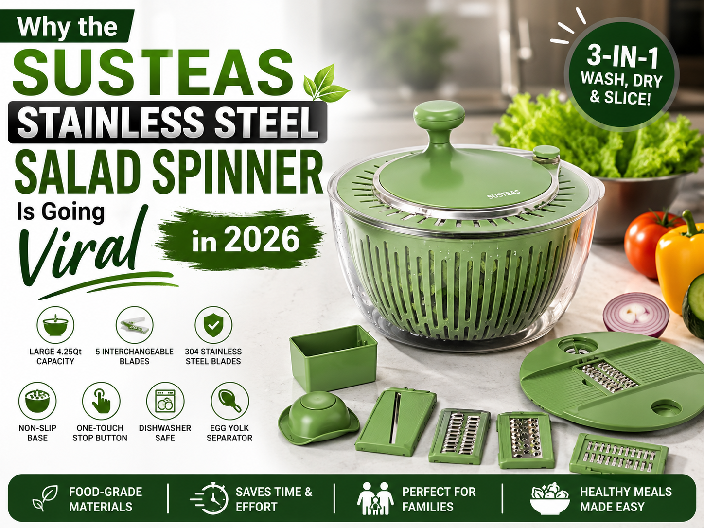 SUSTEAS Stainless Steel Salad Spinner
