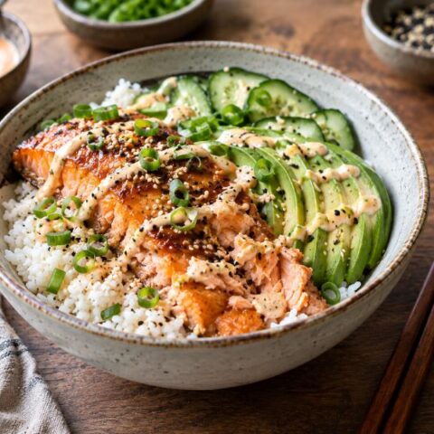 high protein salmon rice bowl healthy dinner