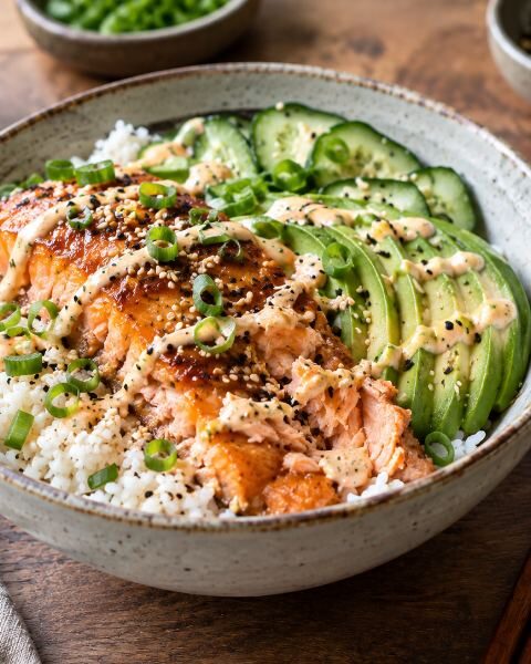 high protein salmon rice bowl healthy dinner