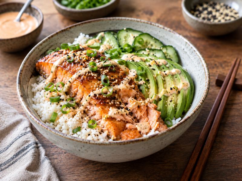 high protein salmon rice bowl healthy dinner